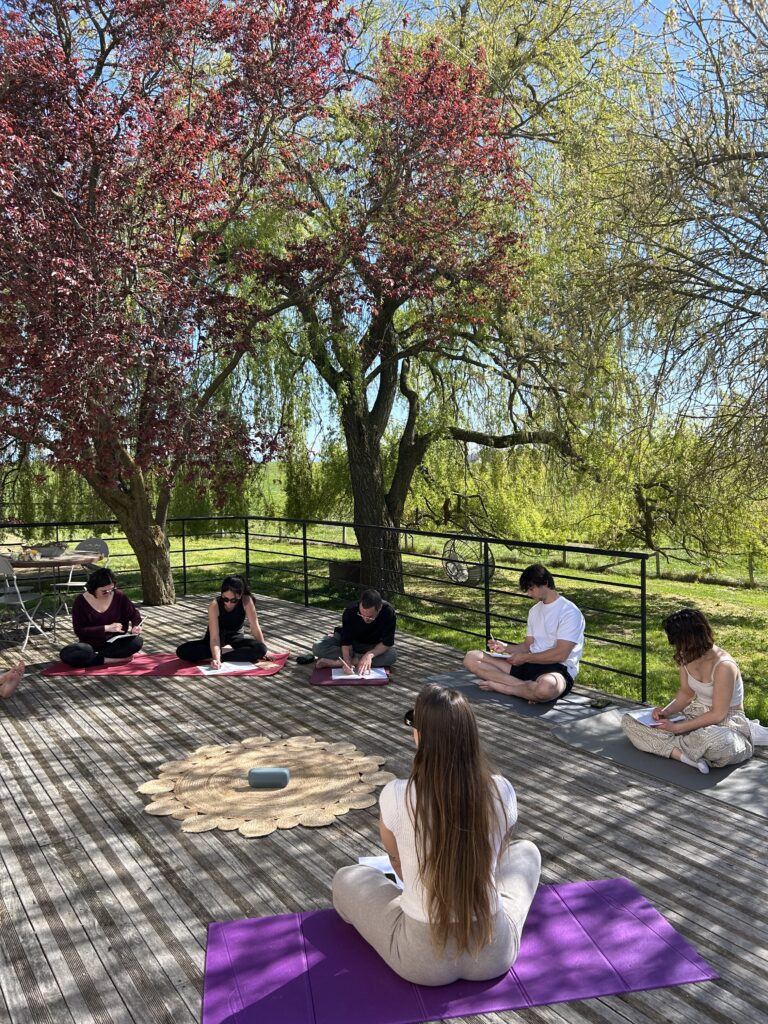 cours de yoga à l'ombre d'arbres